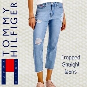 TOMMY JEANS Loose-Straight Leg Ripped Raw Cropped Hem Stretch Denim Jeans NWT/14